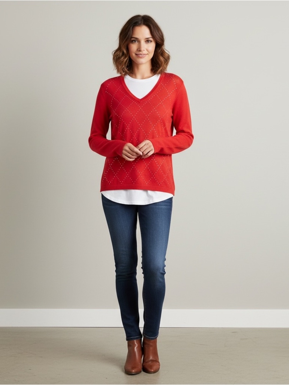 Tommy Hilfiger Red V-Neck Sweater with Subtle Stud Detail